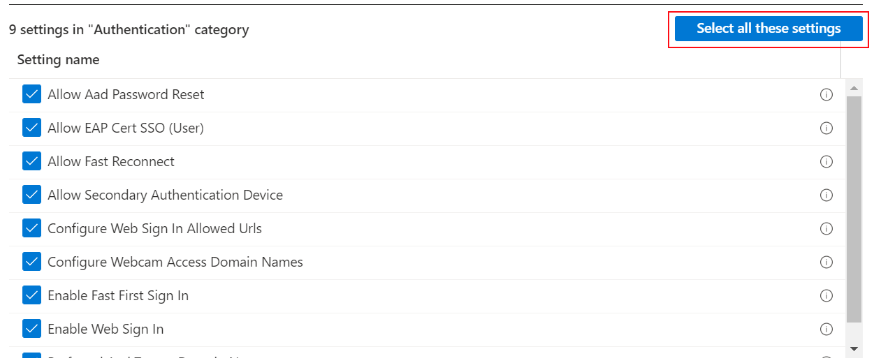 Képernyőkép a beállításokról, amikor az összes beállítást kiválasztja a Microsoft Intune-ban és az Intune Felügyeleti központban.