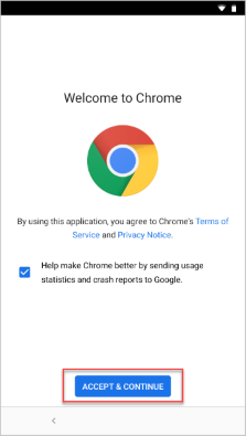 Példa a Chrome Szolgáltatási feltételek képernyőjére, kiemelve az Elfogadás & Folytatás gombot.