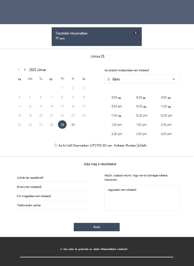 Az ügyfél számára elérhető foglalási oldal.