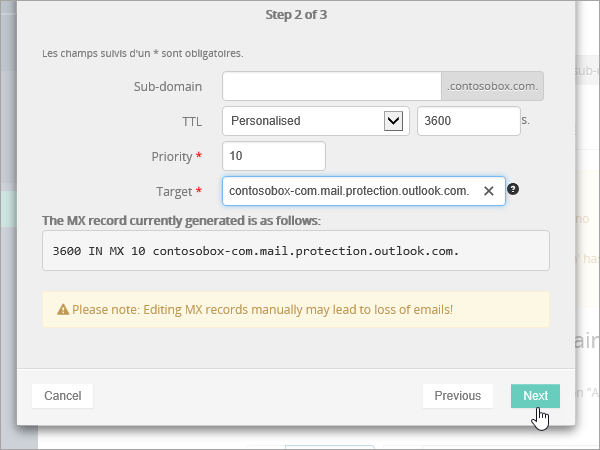 Az OVH MX rekord válassza a Tovább gombot.