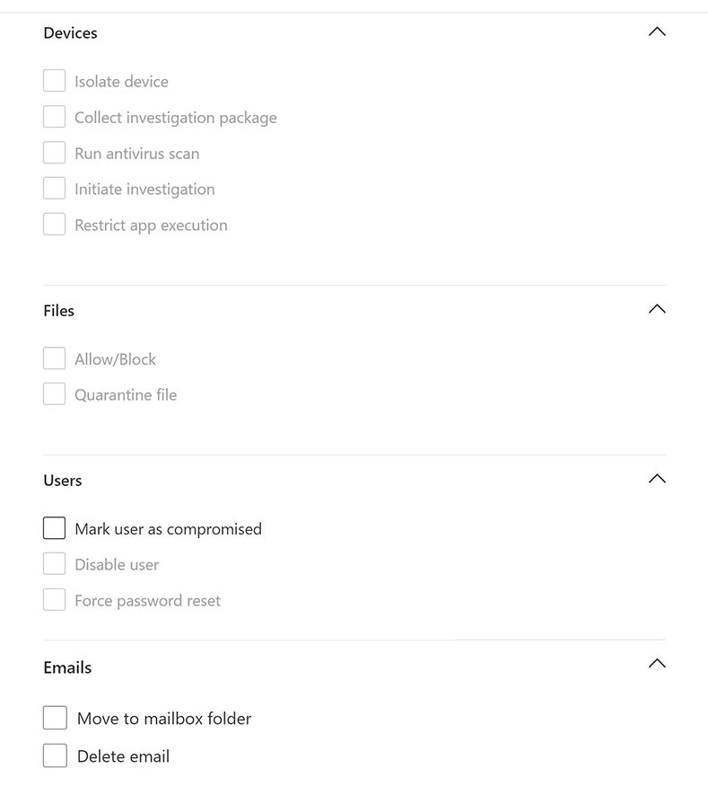 Képernyőkép az egyéni észlelések műveleteiről a Microsoft Defender portálon.