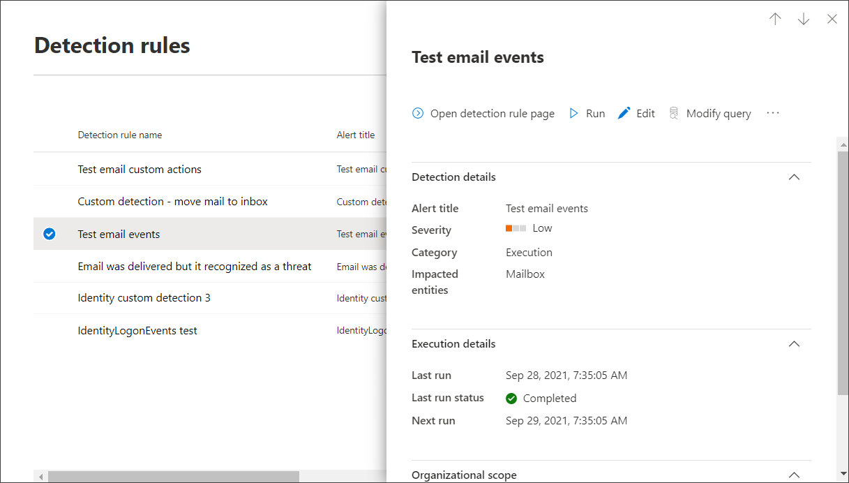 Az Egyéni észlelési szabály részletei lap a Microsoft Defender portálon
