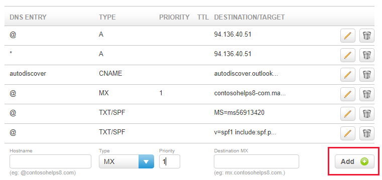 Képernyőkép az MX rekord hozzáadásához a Hozzáadás lehetőség kiválasztásáról.