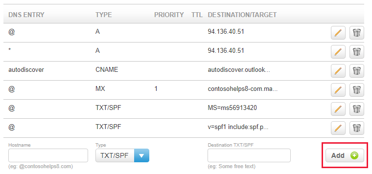 Képernyőkép arról, hogy hol válassza a Hozzáadás lehetőséget tartomány-ellenőrzési TXT rekord hozzáadásához.