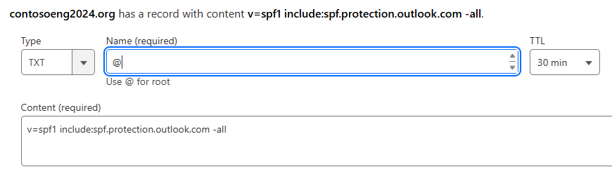 Képernyőkép arról, hogy hol válassza a Mentés lehetőséget egy SPF TXT rekord hozzáadásához.