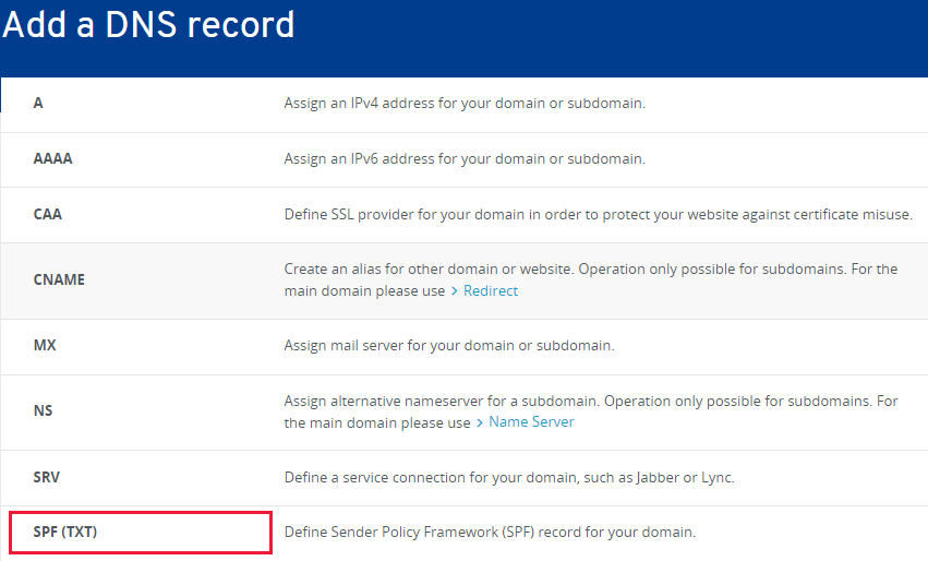 Válassza az SPF (TXT) szakaszt.