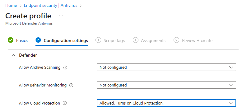 Képernyőkép az Intune engedélyezettre állított Cloud Protectionről.