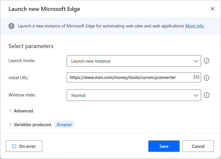 Képernyőkép az Új Microsoft Edge indítása műveletről.