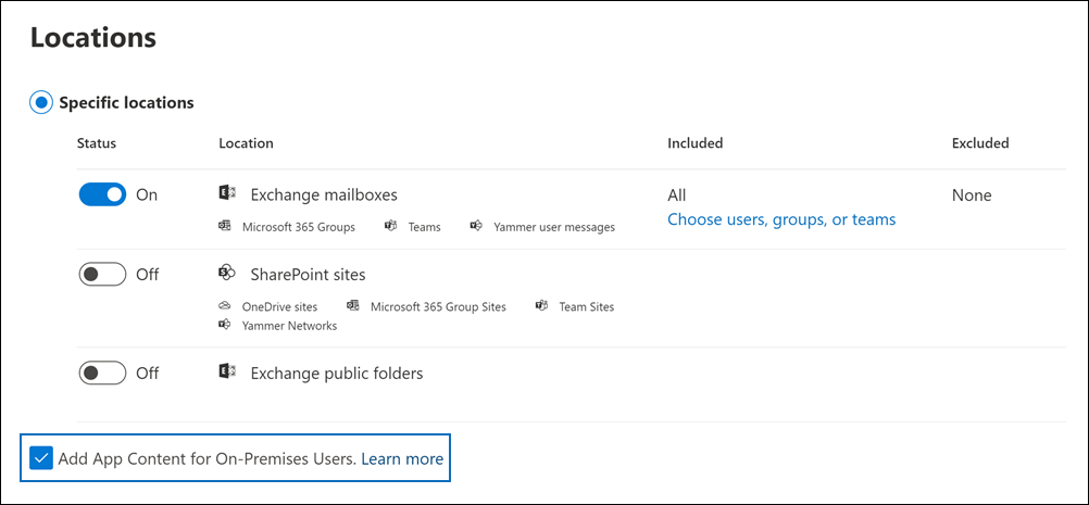 Select the "Add Office app content for on-premises users" checkbox on the Locations wizard page.