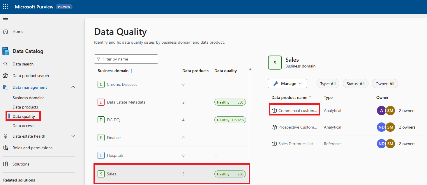 Screenshot of a business domain and data product.