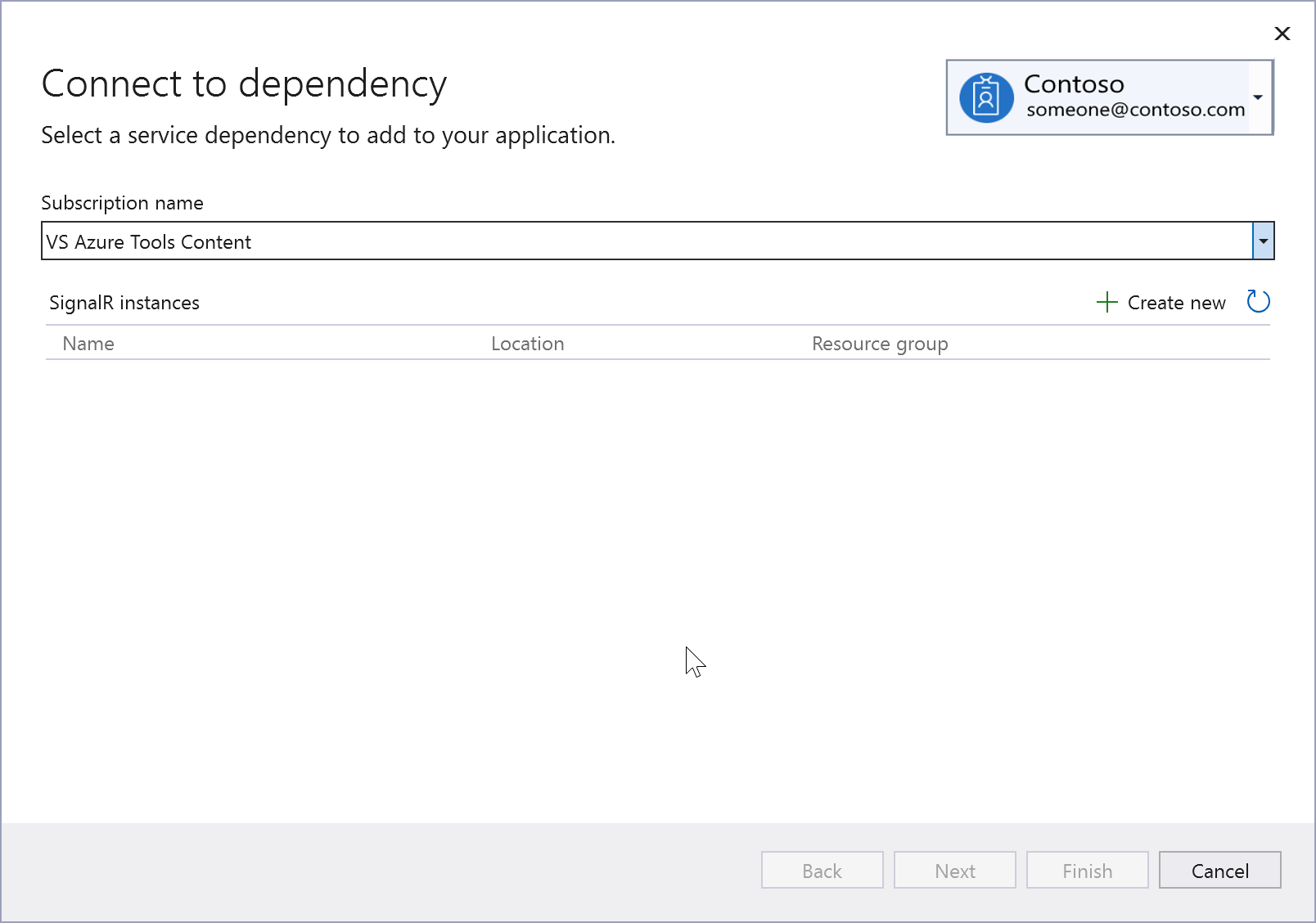 Screenshot showing Connect to dependency for Azure SignalR.