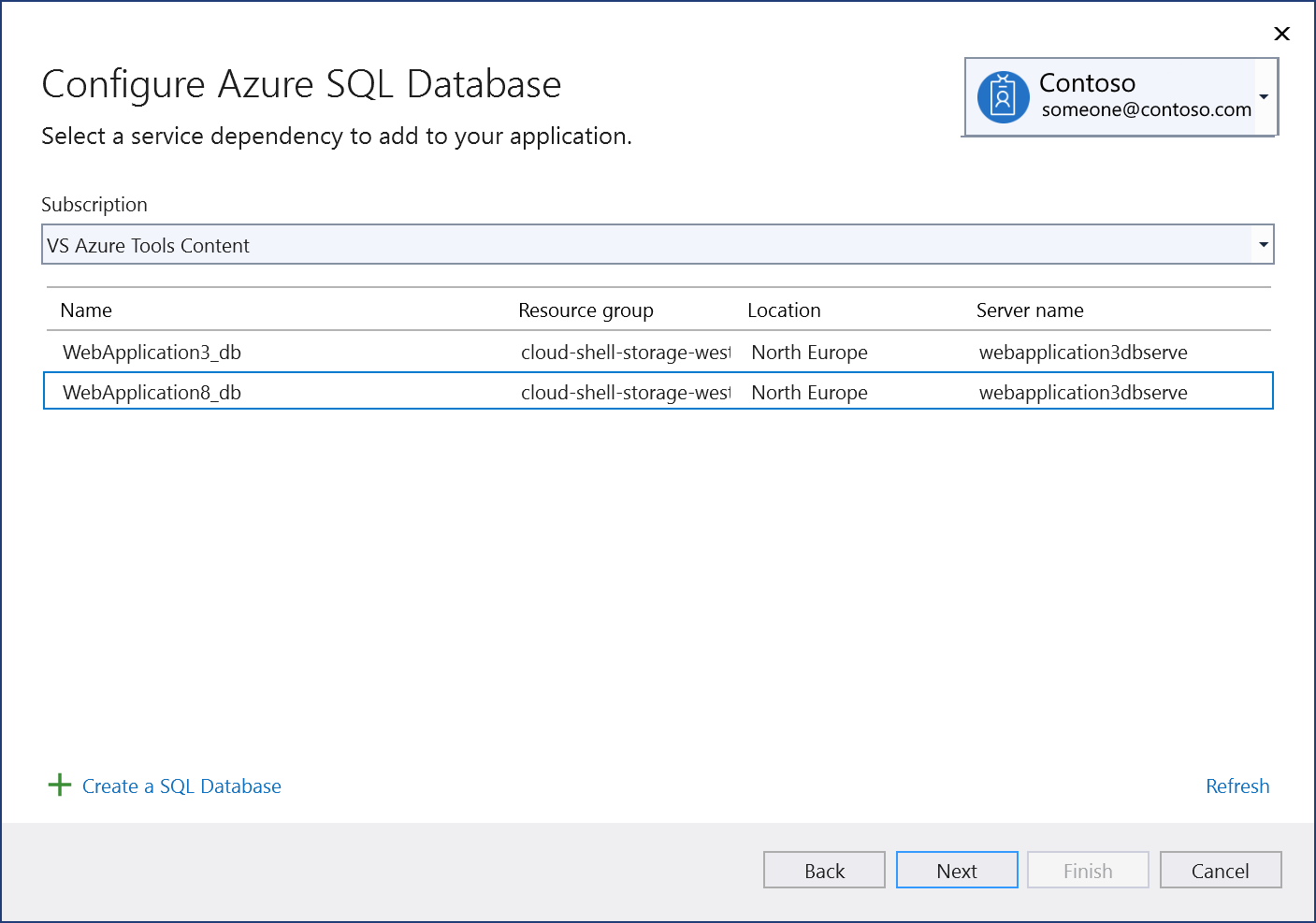 Screenshot showing "Connect to existing Azure SQL Database component" screen.