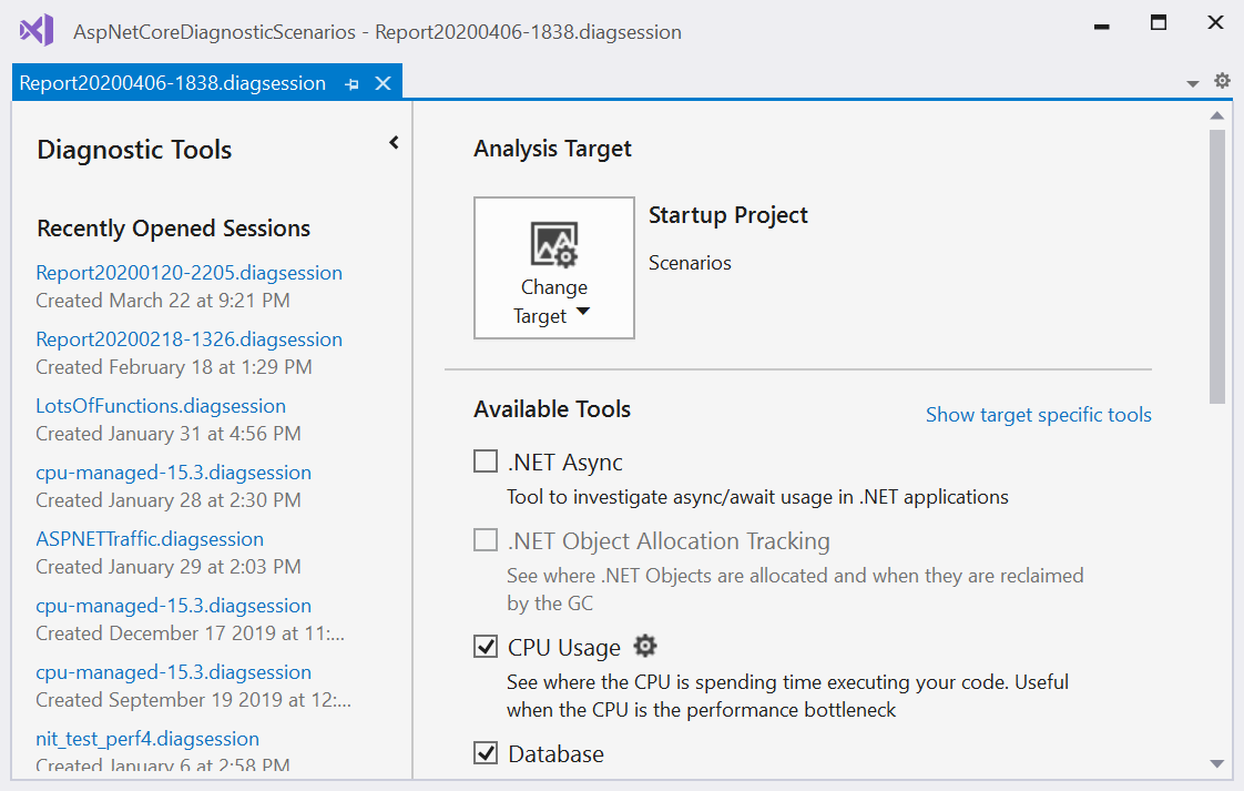 Screenshot of Diagnostic Tools Recently Opened Sessions list