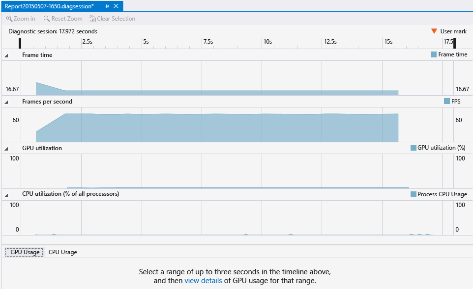 Screenshot of a diagnostics session window in the GPU Usage tool with part of the diagnostic session timeline selected.