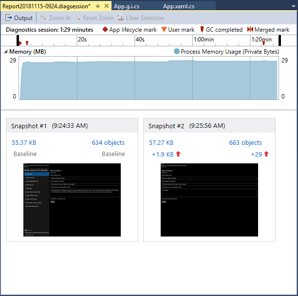 Screenshot of the overview page in the Memory Usage tool in the Visual Studio Performance Profiler, showing a memory usage graph and two snapshot panes.
