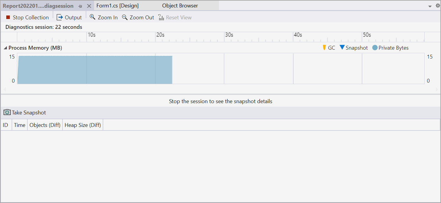 Screenshot of the Diagnostic Tools window in the Visual Studio Performance Profiler showing a timeline graph of the app's memory use.