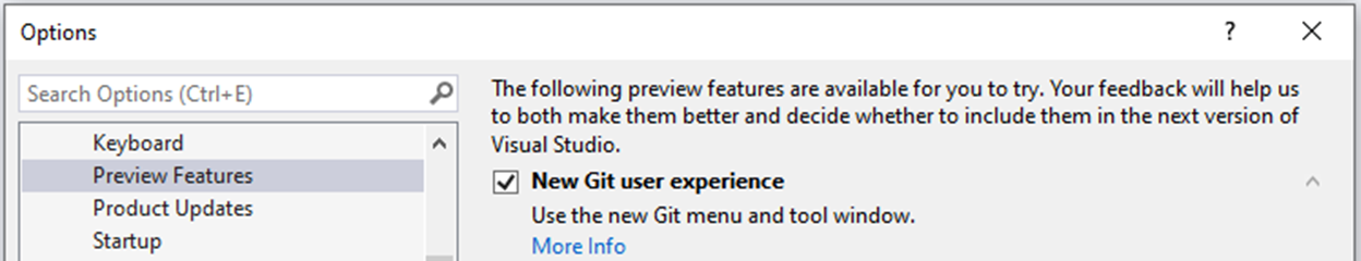 The Preview Features section of the Options dialog box in Visual Studio 