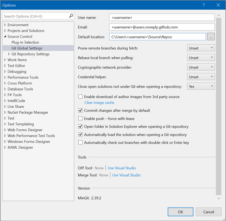 Screenshot of the Options dialog box where you can choose personalization and customization settings in Visual Studio IDE.