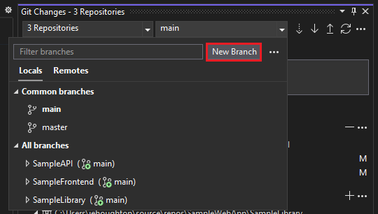 Screenshot of the New Branch button in Visual Studio.