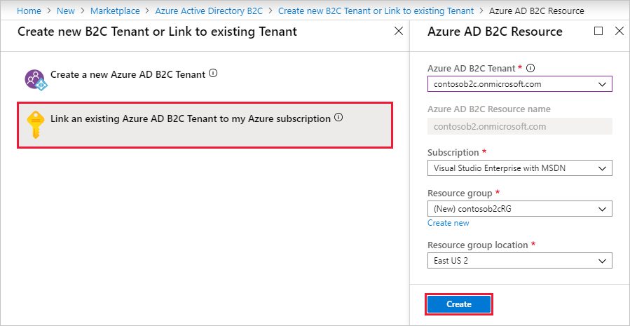 Az Azure AD B2C-erőforrás létrehozása lap az Azure Portalon