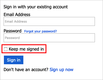 Példa a bejelentkezési lapra, amelyen a Keep me sign in checkbox (Bejelentkezés megtartása) jelölőnégyzet látható