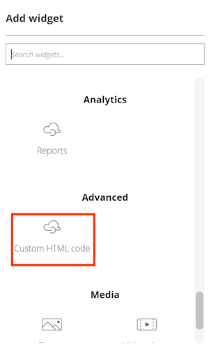Képernyőkép arról, hogyan vehet fel widgetet egyéni HTML-kódhoz a fejlesztői portálon.
