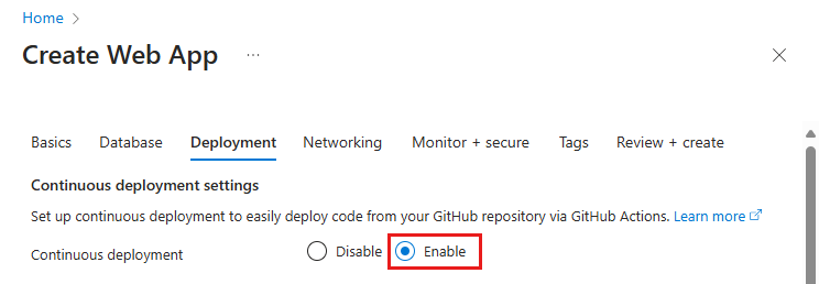 Képernyőkép a GitHub Actions üzembe helyezésének engedélyezéséről az App Service Üzembe helyezés lapján.