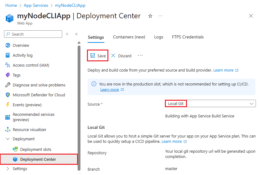 Képernyőkép az App Service helyi Git-üzembe helyezésének engedélyezéséről az Azure Portalon.