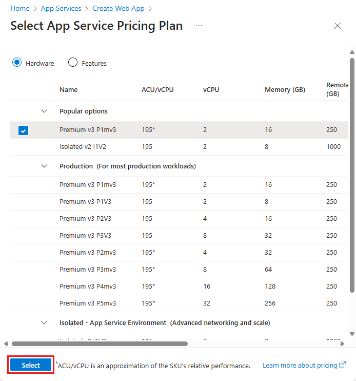 Képernyőkép az App Service-csomag beállításairól.