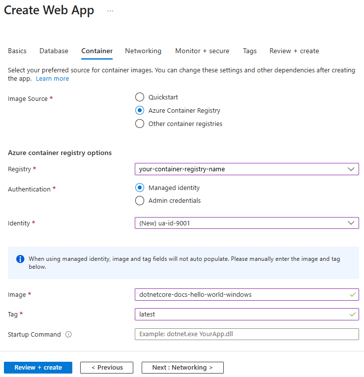 Képernyőkép az Azure Container Registry beállításairól.