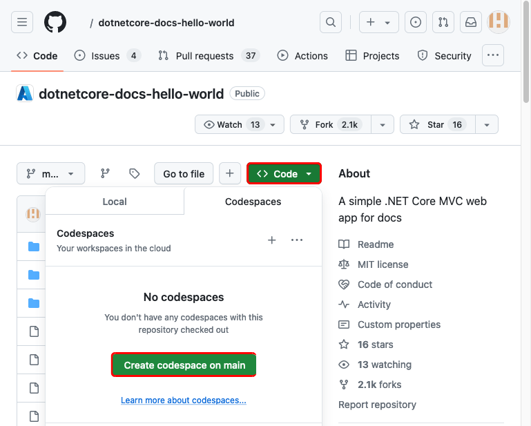 Képernyőkép, amely bemutatja, hogyan lehet létrehozni egy kódterületet a fork-olt dotnetcore-docs-hello-world GitHub repóban.