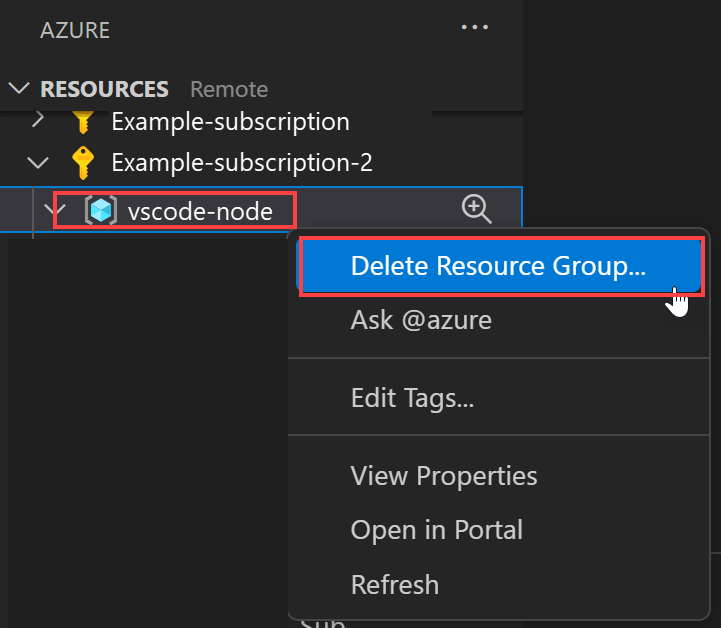 Képernyőkép az App Service-erőforrásokat tartalmazó erőforrás törléséhez szükséges Visual Studio Code-navigációról.