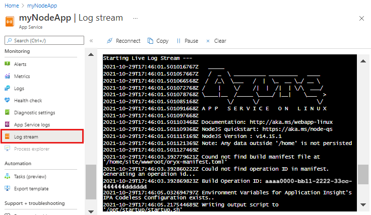 Képernyőkép a naplóstreamről Azure-alkalmazás szolgáltatásban.