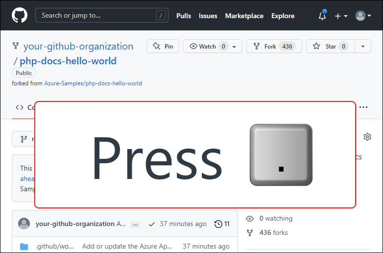 Képernyőkép az elágazott php-docs-hello-world adattárról a GitHubon a képernyőn a pont billentyű megnyomására vonatkozó utasításokkal.
