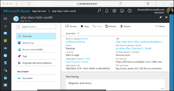 App Service oldal az Azure portálon