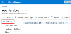 Képernyőkép a Létrehozás gomb helyéről az Azure Portal App Services oldalán.