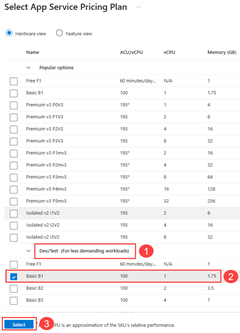 Képernyőkép arról, hogyan választhatja ki az alapszintű App Service-csomagot az Azure Portalon.