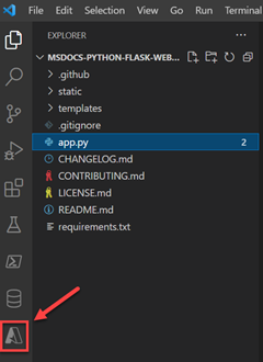 Képernyőkép az Azure Tools ikonról a VS Code bal oldali eszköztárán.