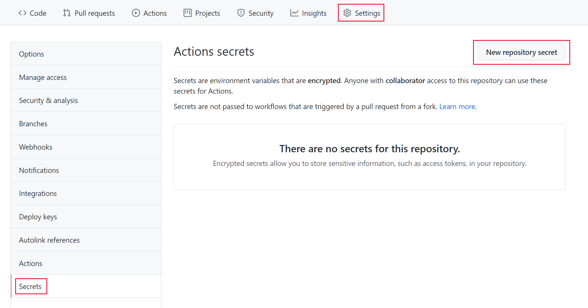 A GitHub-adattár titkos kulcsának hozzáadását bemutató képernyőkép.