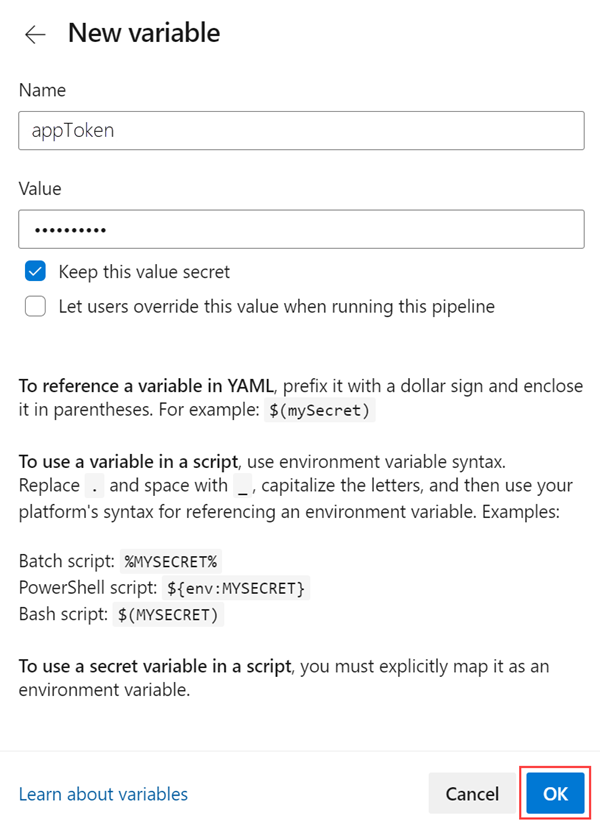 Képernyőkép arról, hogyan adhat hozzá változót az Azure Pipelineshoz.