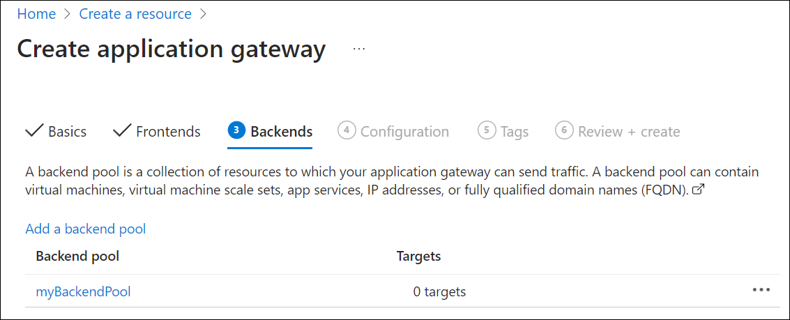 Új Application Gateway létrehozása: háttérrendszerek