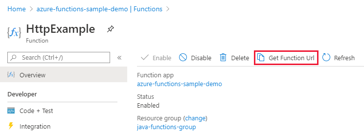 A függvény URL-címének másolása az Azure portálról