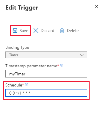 Képernyőkép az Update függvény időzítő ütemezési oldaláról az Azure Portalon.