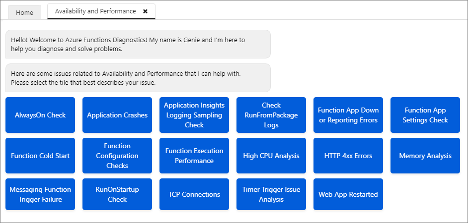 Genie Azure Functions diagnosztikai felület.