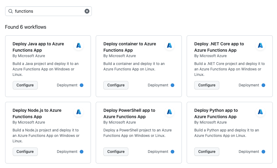 A GitHub Actions függvénysablonok keresésének képernyőképe. 