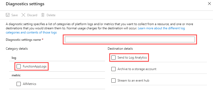 Képernyőkép az Azure Functions diagnosztikai beállításának hozzáadásáról.
