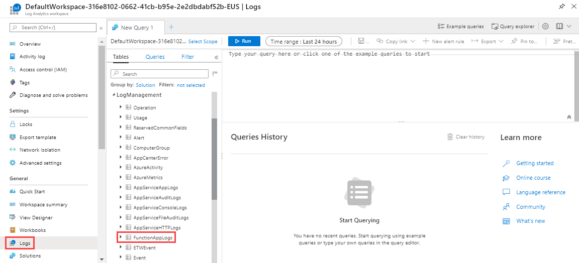 Képernyőkép az Azure Functions lekérdezési ablakáról egy Log Analytics-munkaterületen.