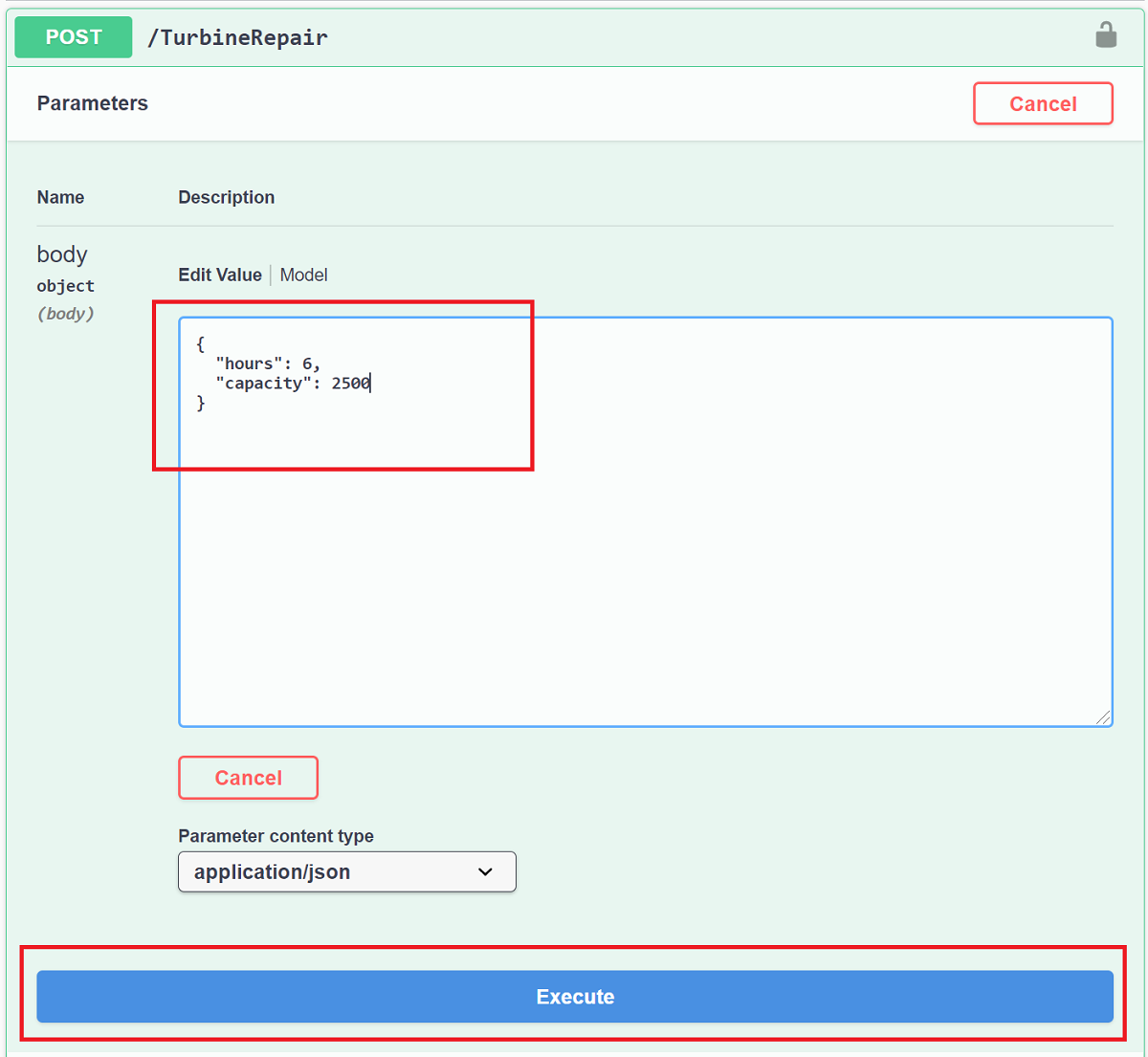 Swagger felhasználói felület a TurbineRepair API teszteléséhez