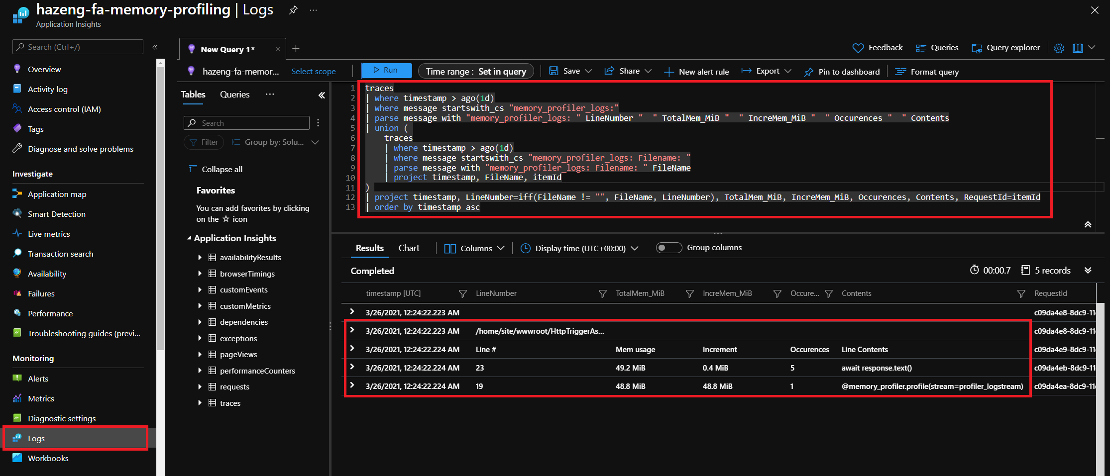 Képernyőkép egy Python-alkalmazás lekérdezési memóriahasználatáról az Application Insightsban.