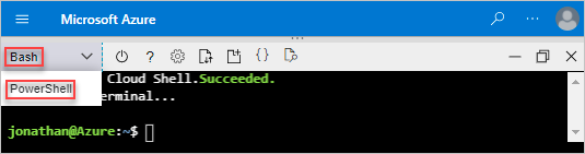 Képernyőkép a Bash vagy a PowerShell kiválasztásának lehetőségéről a Cloud Shellben.